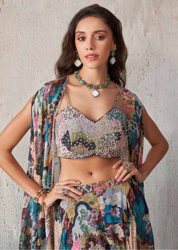 evening partywear with crop top and cape