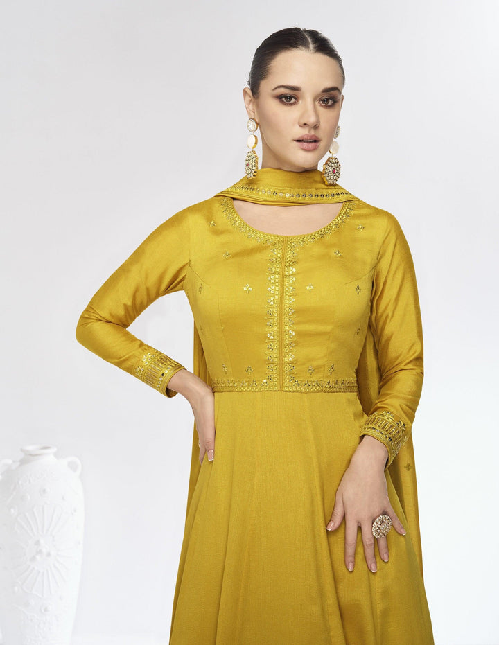 Readymade Designer Yellow Silk Indo-Western Haldi Partywear Anarkali Gown - Fashion Nation