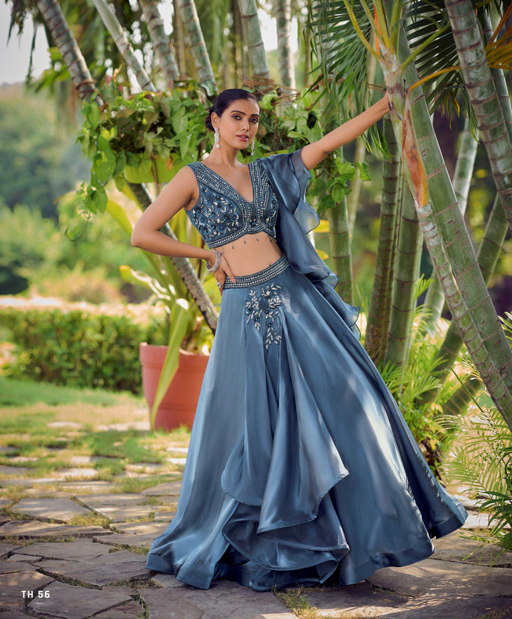 Engagement Wear Blue Silk Layered Skirt & Crop Top Set - Fashion Nation