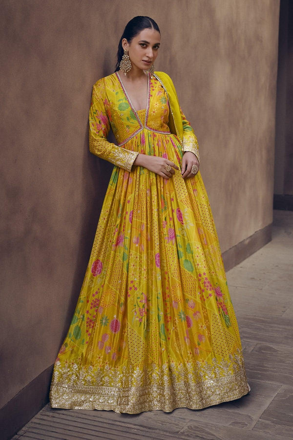 Festive Yellow Haldi Wear Georgette Readymade Fusion Fashion Party Gown - Fashion Nation