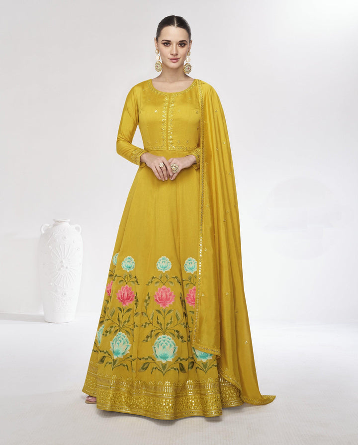 Readymade Designer Yellow Silk Indo-Western Haldi Partywear Anarkali Gown - Fashion Nation