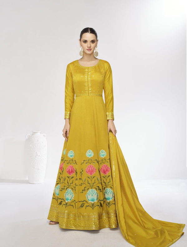 Readymade Designer Yellow Silk Indo-Western Haldi Partywear Anarkali Gown - Fashion Nation