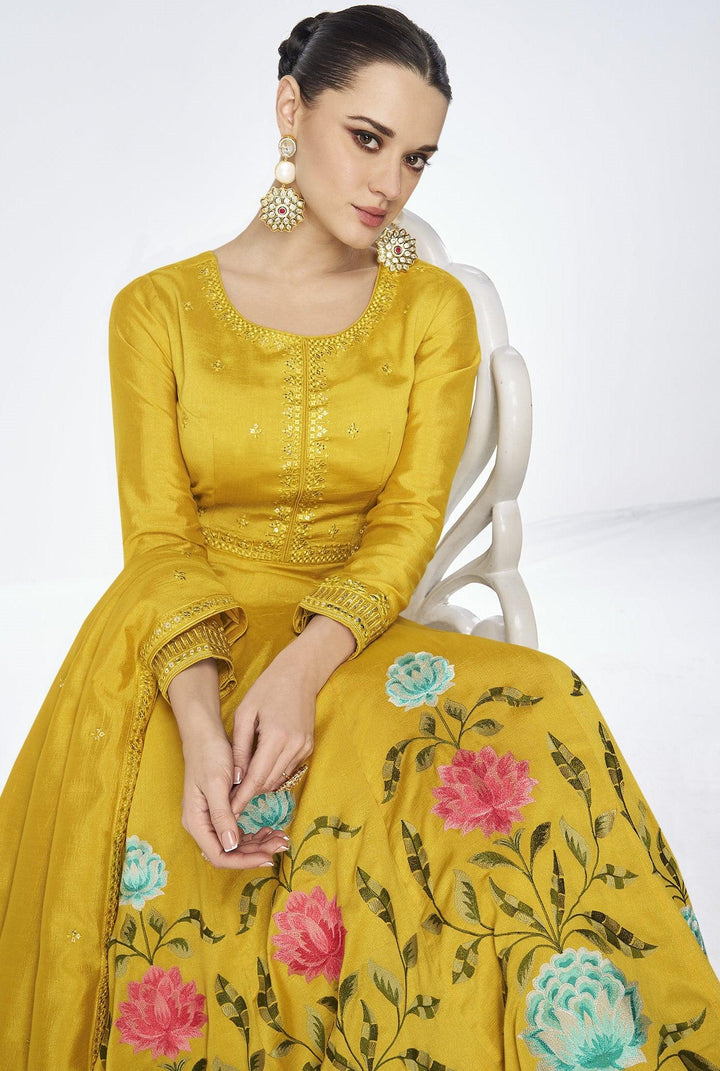 Readymade Designer Yellow Silk Indo-Western Haldi Partywear Anarkali Gown - Fashion Nation