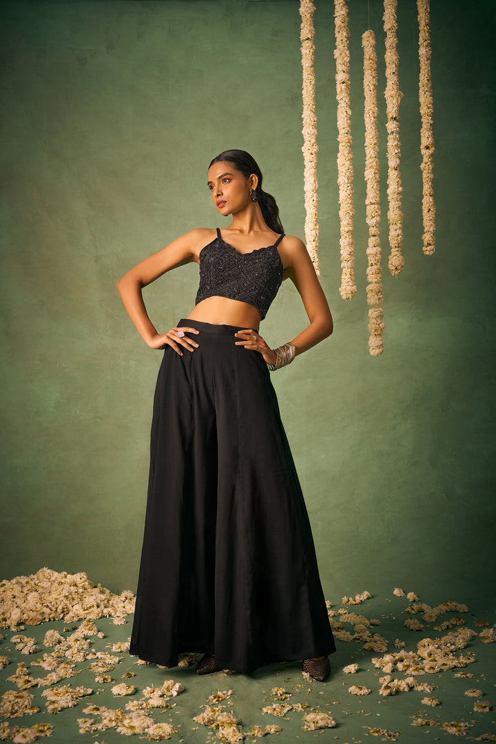 designer sequined bralette with plain palazzo and cape