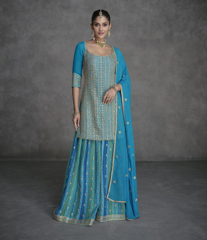 Indian Wear Blue Georgette Sharara Suit | Engagement Special - Fashion Nation