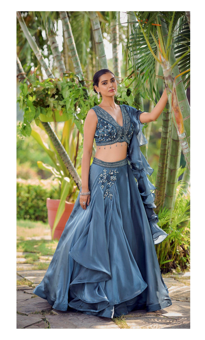 Engagement Wear Blue Silk Layered Skirt & Crop Top Set - Fashion Nation