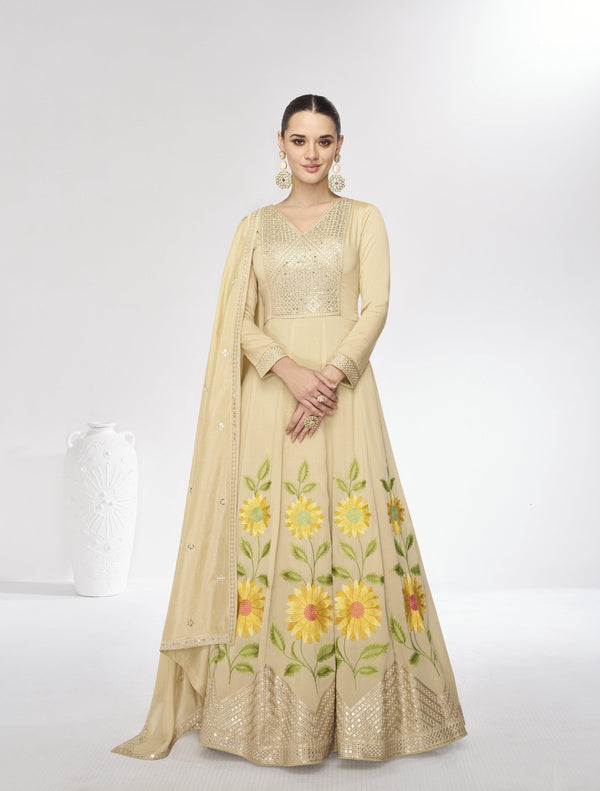 Indian Ethnic Beige Silk Fusion Fashion Ready-To-Wear Anarkali Gown - Fashion Nation