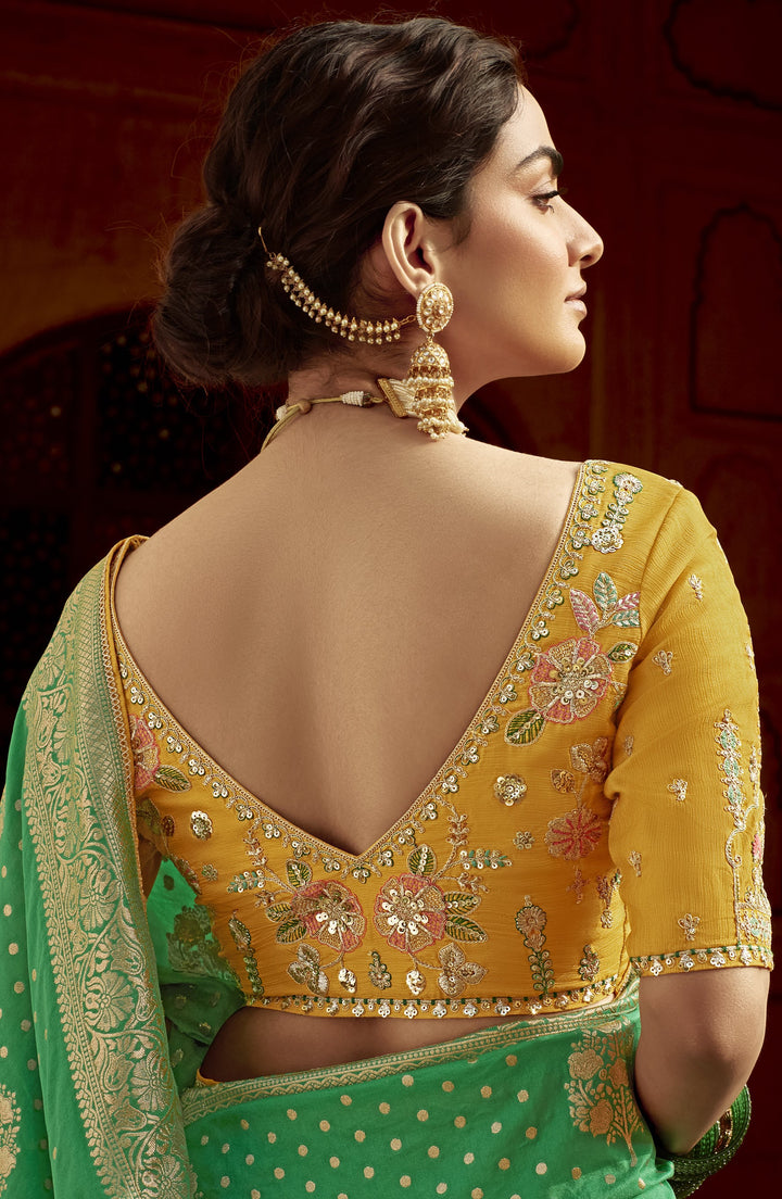 all occasions wear festive saree with contrast blouse