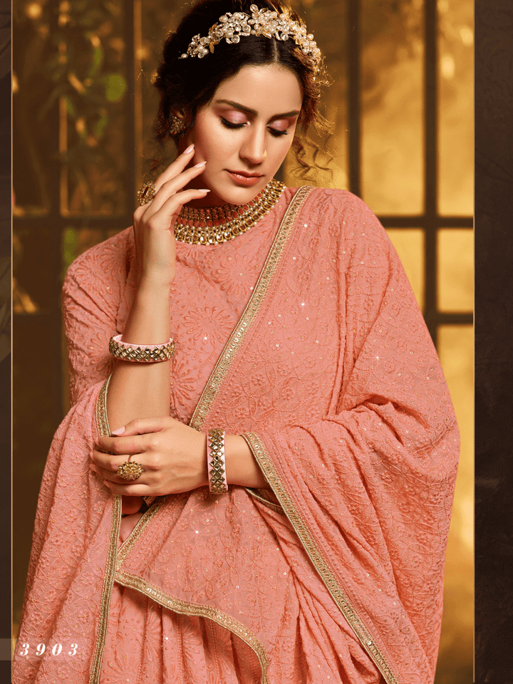 Party Wear Peach Georgette Lehenga Choli - Fashion Nation