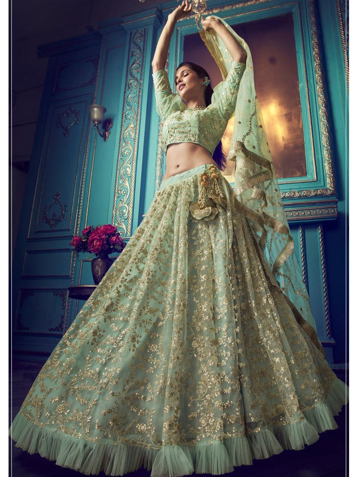 Occasional Wear Green Net Ruffled Pretty Lehenga Choli - Fashion Nation